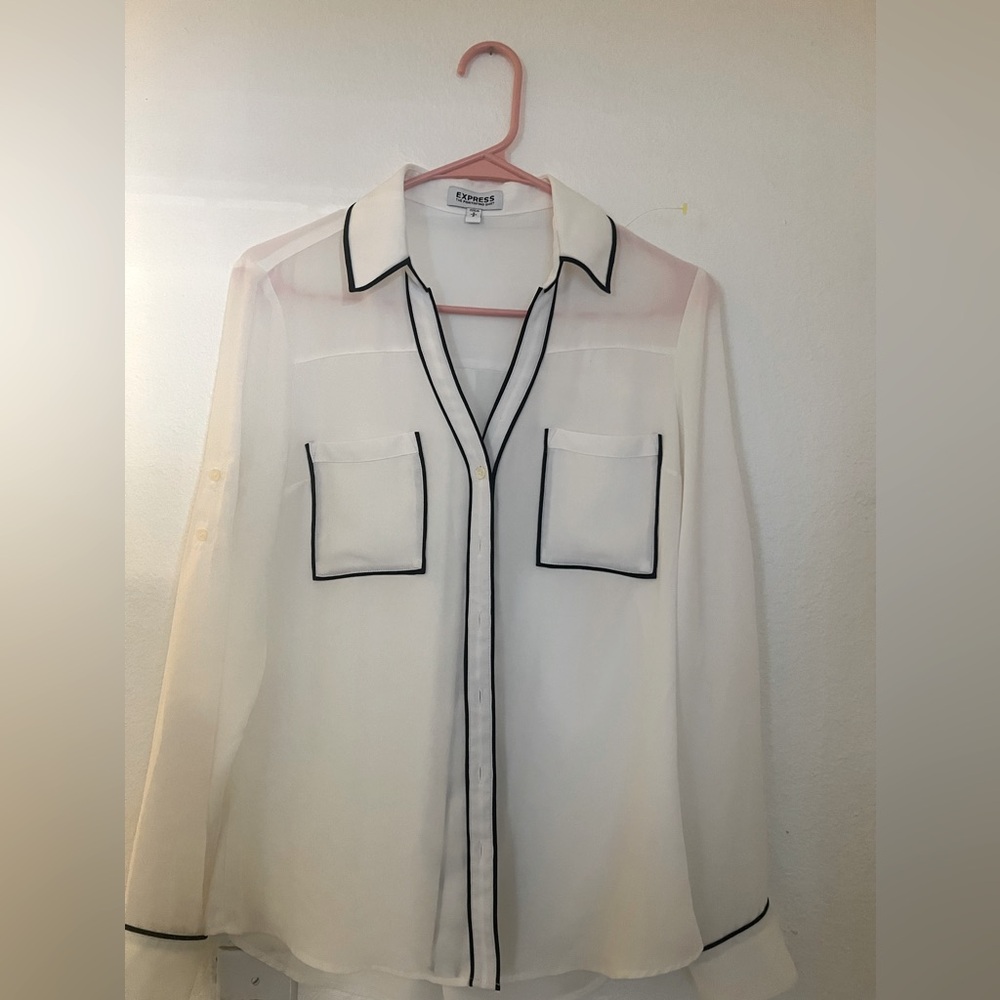 Express white long sleeve blouse with notched collar and black piping
